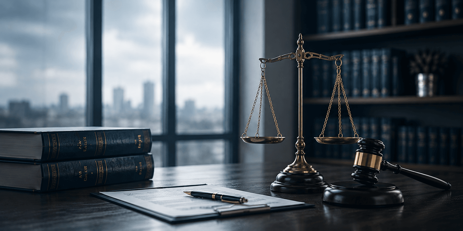Balanza de la justicia, mazo judicial y libros de derecho sobre un escritorio
