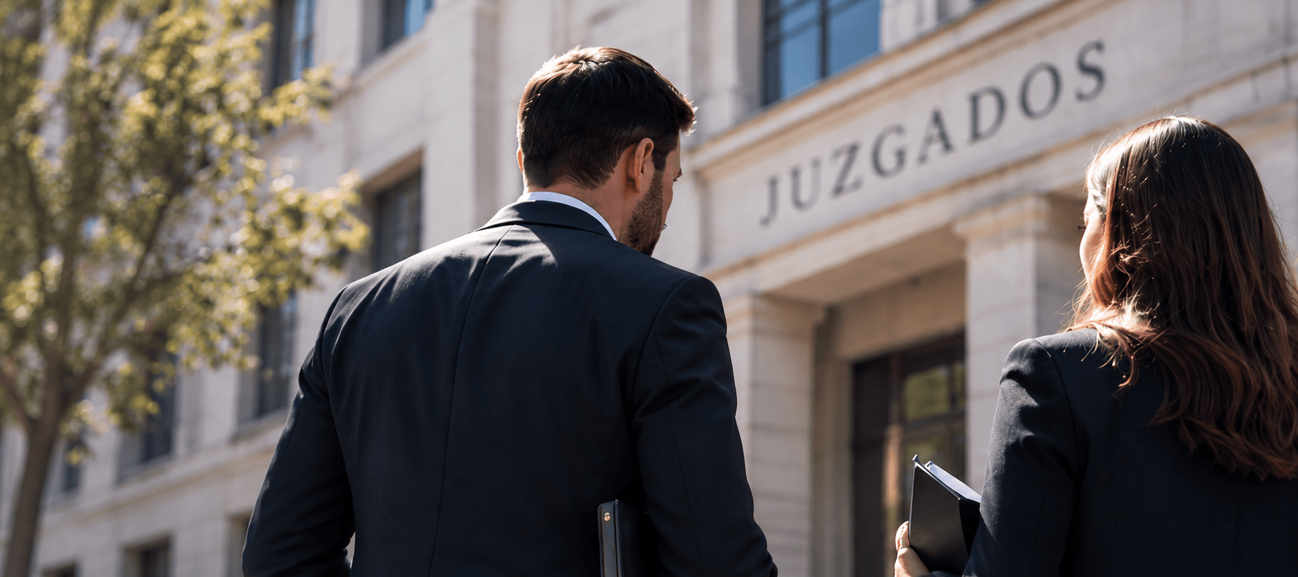 Dos profesionales del derecho caminando hacia la entrada de un edificio de juzgados