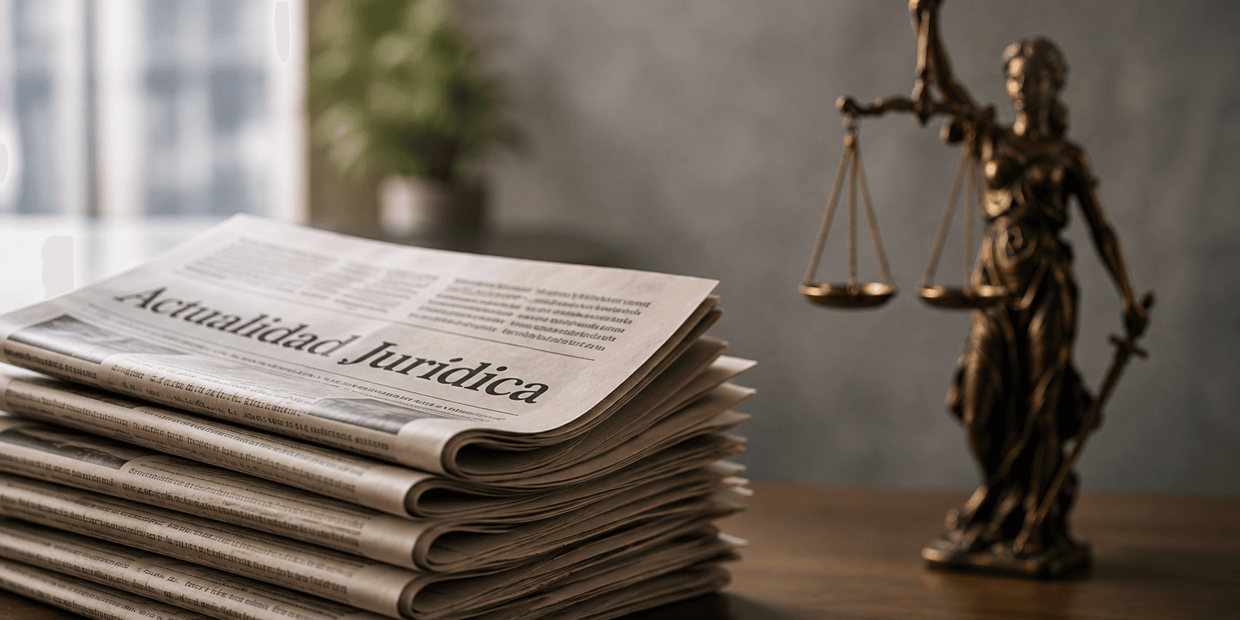 Periódicos de actualidad jurídica junto a una estatua de la balanza de la justicia sobre un escritorio