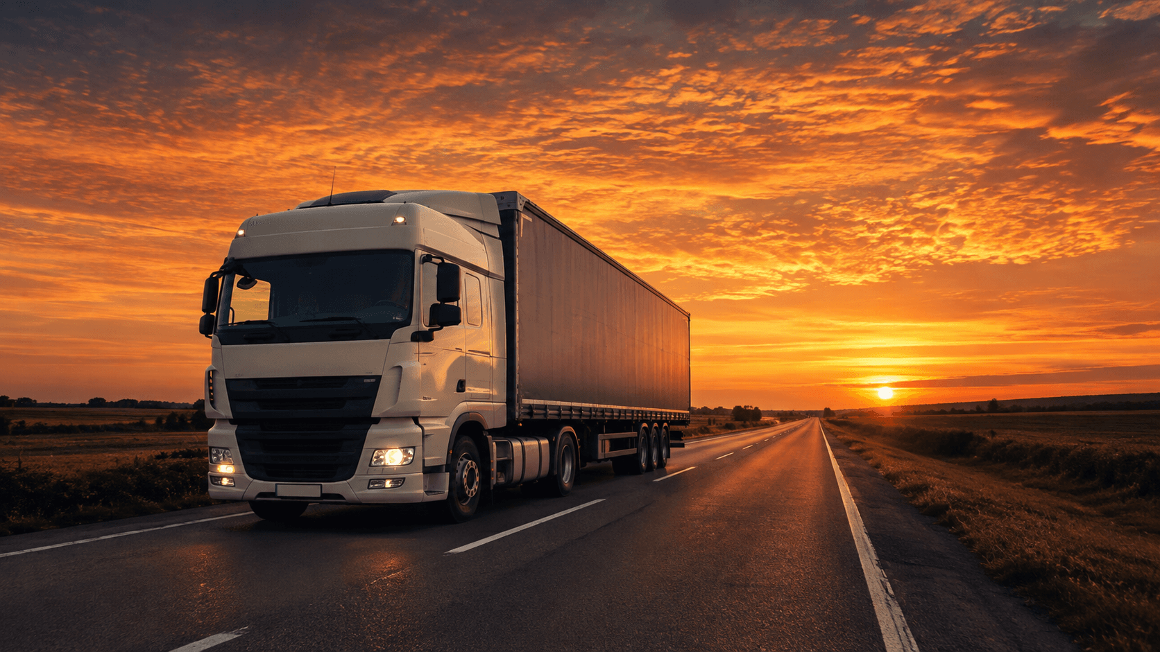 Camión de transporte por carretera circulando al atardecer